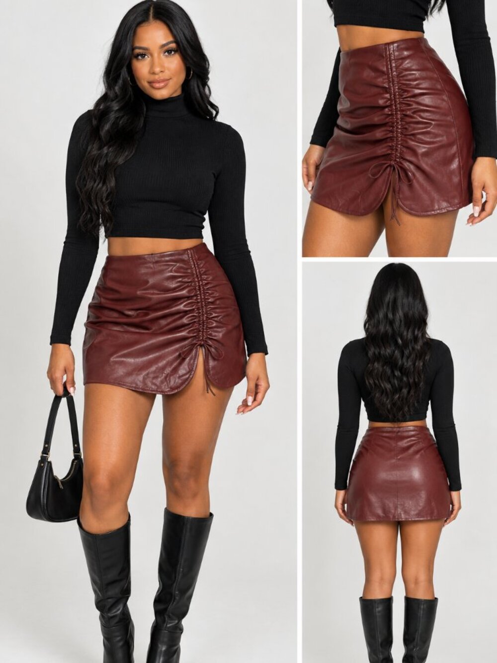 PLT Edgy Modern Chocolate Brown Faux Leather Ruched Front Mini Skirt Size US 4